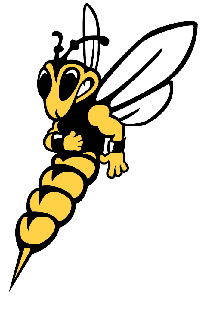 Cartoon illustration of a yellow and black hornet with large wings, a smiling face, clenched fist, and one hand on its chest, appearing energetic and ready to move—perfect for the UW-Superior Media Toolkit.