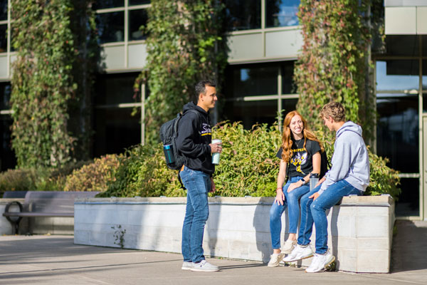 Three students laugh and talk outside a building covered in greenery at the University of Wisconsin-Superior. Two sit on a low wall, while another stands with a drink and backpack, all enjoying the sunny day between program classes.