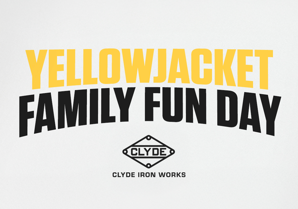 Text graphic with YELLOWJACKET FAMILY FUN DAY in bold yellow and black letters, above a diamond-shaped CLYDE logo, and the words CLYDE IRON WORKS below it on a white background.