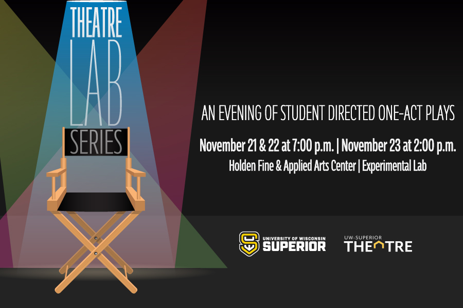 Poster for the Theatre Lab Series: An Evening of Student Directed One-Act Plays at UW-Superior. Features a spotlighted director’s chair and event dates—November 21–23—at the Holden Fine & Applied Arts Center.