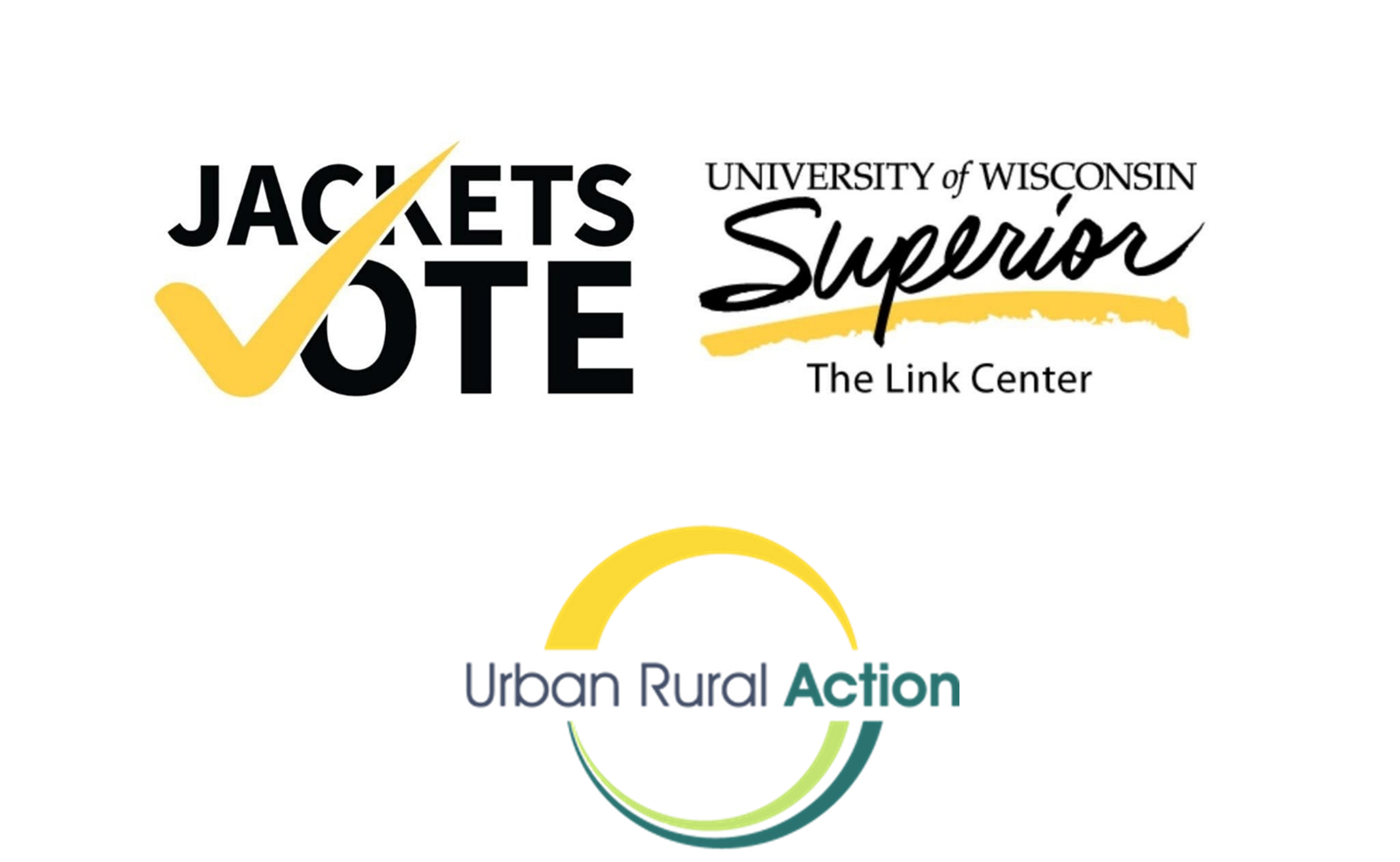 Logos for two organizations: Jackets Vote and University of Wisconsin Superior, The Link Center, both in black and yellow; and Urban Rural Action, with blue and green text and a yellow-green circular graphic.