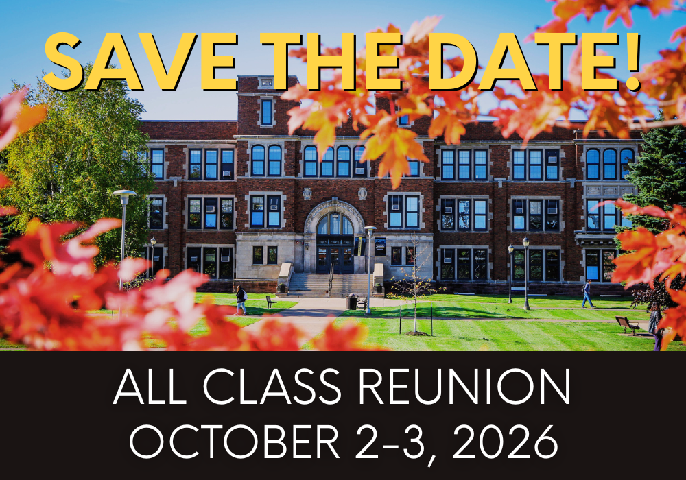 A large brick school building is framed by autumn leaves. Bold yellow text reads “SAVE THE DATE!” and below, white text announces “All Class Reunion October 2-3, 2026.”.
