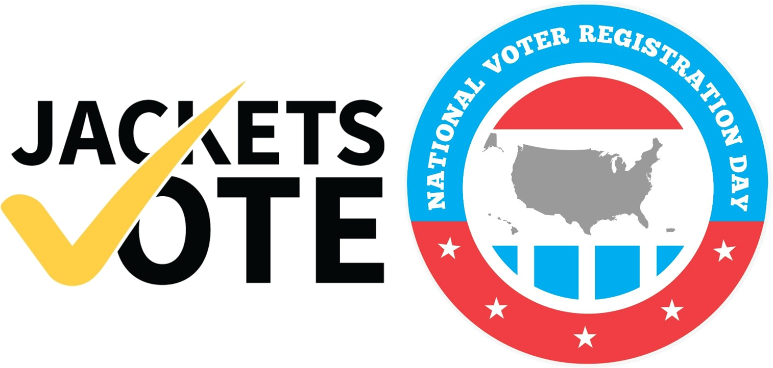 Split image: Left side shows JACKETS VOTE with a yellow checkmark; right side displays a National Voter Registration Day badge with a U.S. map and stars.