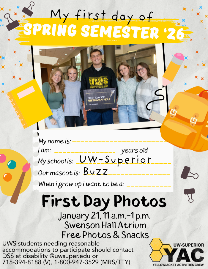 A group of five diverse students smile, holding a First Day of Spring Semester sign at a photo booth. The poster includes school info, blank lines for personal details, and cartoon graphics of a bus, pencil, and camera.