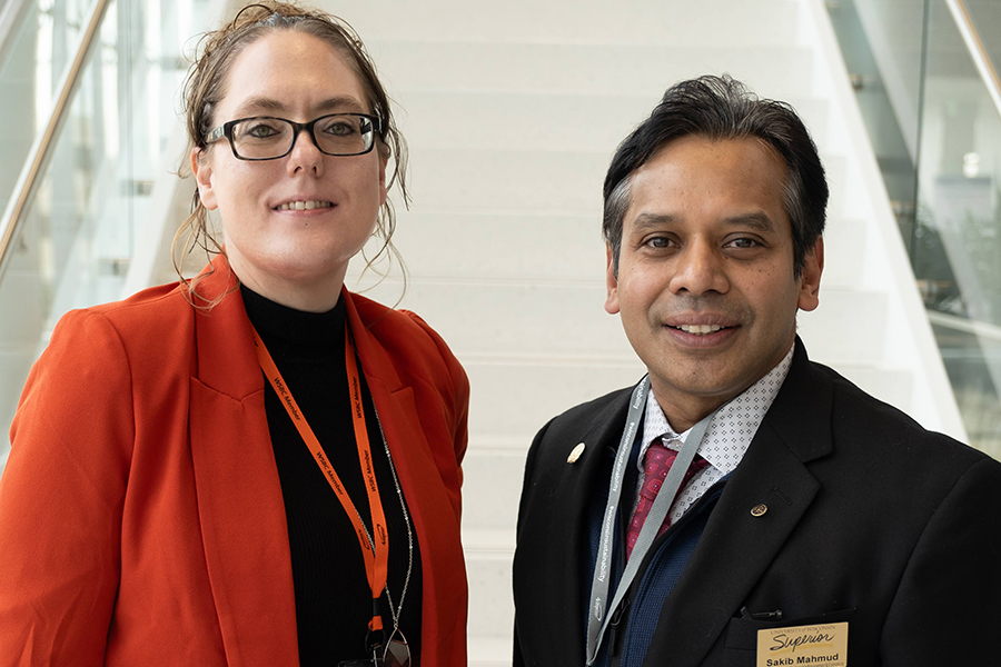 UW-Superior student Holly Folyer with Sakib Mahmud, Ph.D., a professor of sustainable management and economics at UWS.