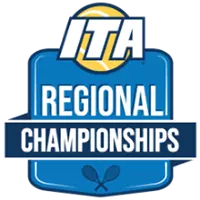 Logo for the ITA Regional Championships featuring a blue shield with a yellow tennis ball, the letters ITA at the top, and two tennis rackets at the bottom.