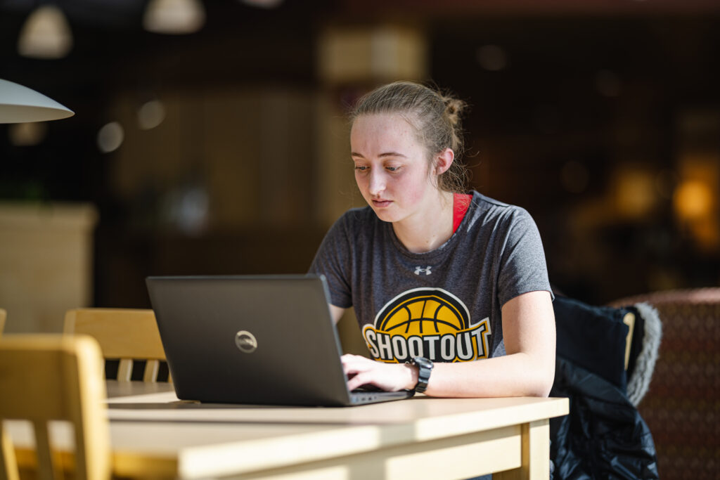 Student using computer in library