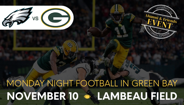 Eagles vs. Packers promotional graphic for Monday Night Football on November 10 at Lambeau Field, featuring players in action, team logos, and an Alumni & Friends event stamp.