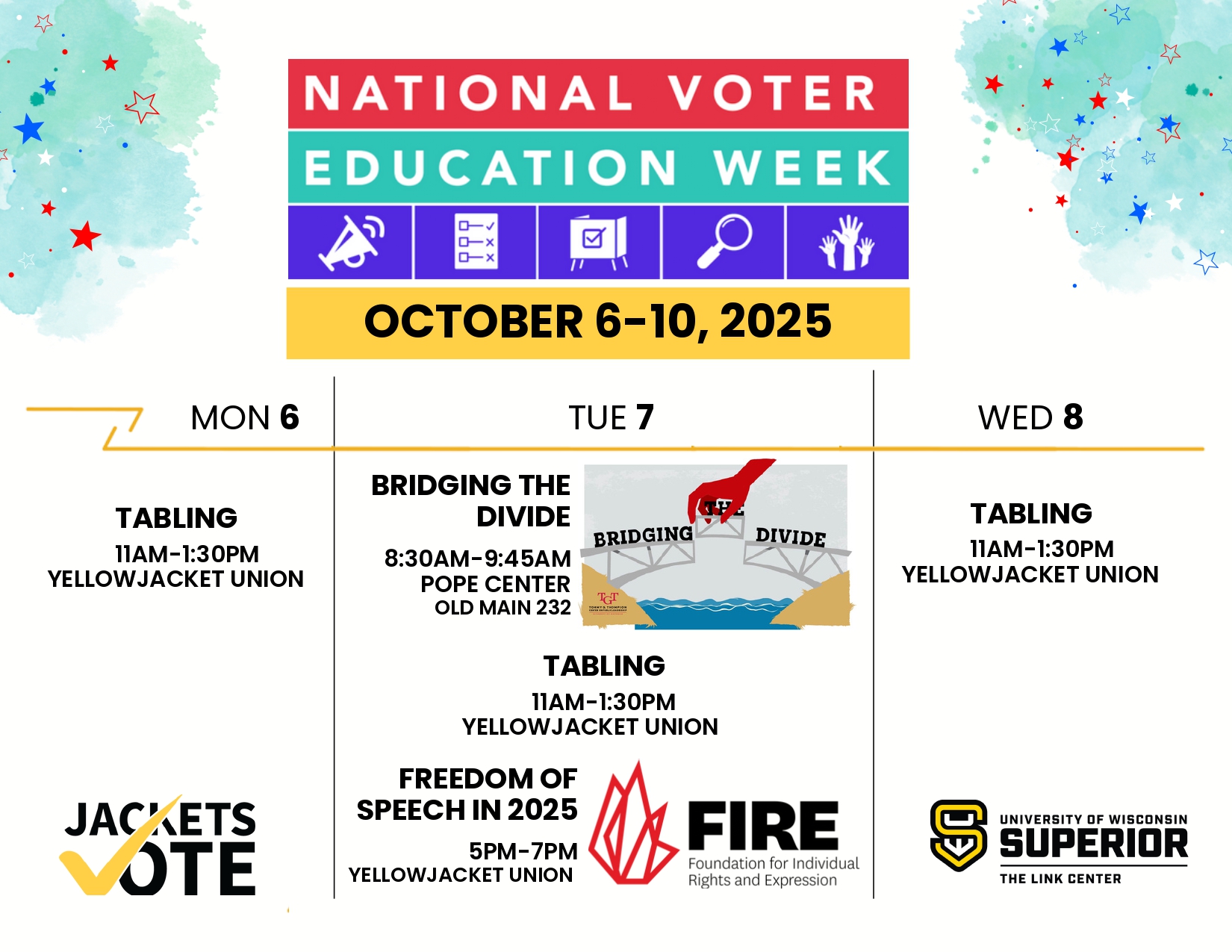 Colorful flyer for National Voter Education Week, October 6–10, 2025, with events like tabling and discussions on voting, freedom of speech, and bridging divides. Includes university and event logos.