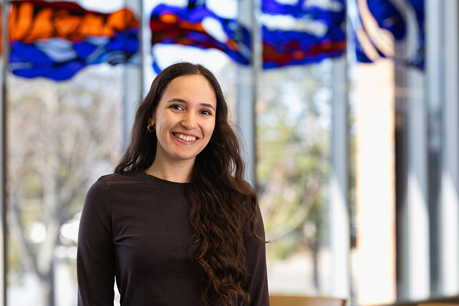 Olivia Flemming in the Jim Dan Hill Library on the campus of the University of Wisconsin-Superior.