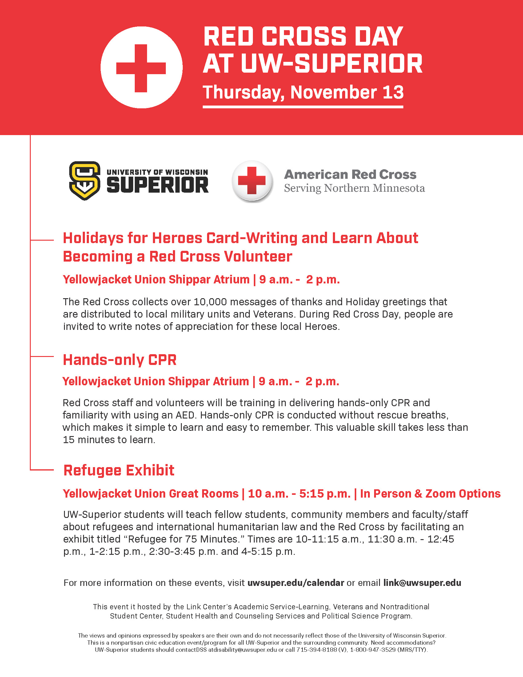 Red-Cross-Day-image Poster for Red Cross Day at UW-Superior on Thursday, November 13, showing event details for card-writing, CPR training, and a refugee exhibit, with Red Cross and UW-Superior logos at the top.