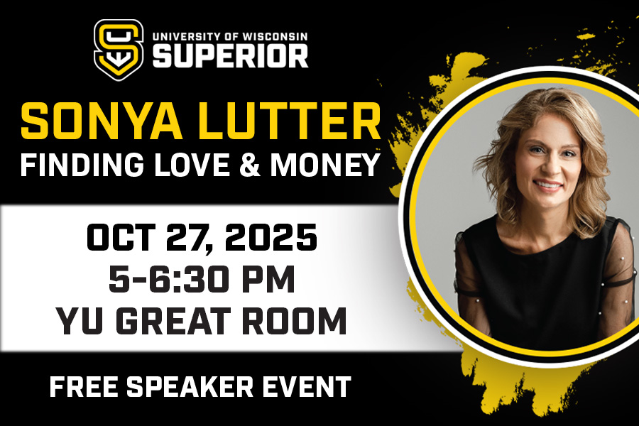 Event flyer featuring a photo of Sonya Lutter. Text: University of Wisconsin-Superior. Sonya Lutter: Finding Love & Money. Oct 27, 2025, 5–6:30 PM, YU Great Room. Free speaker event.