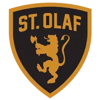 A gold shield-shaped emblem with a black background features the text ST. OLAF above a gold lion holding an axe.