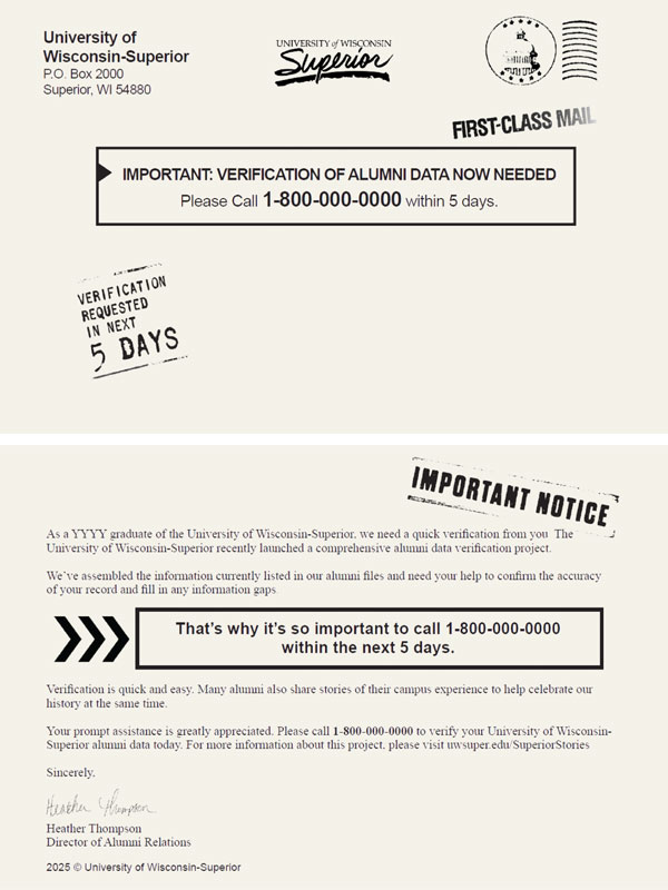 A letter from the University of Wisconsin-Superior urges alumni to verify their information by calling a phone number within five days. The letter includes a bold header, a signature, and highlights upcoming alumni events and the importance of updating contact data.