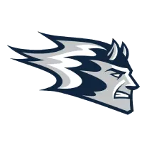 A stylized logo of a fierce-looking head in profile, featuring sharp, flame-like hair and two small horns, primarily in dark blue, gray, and white colors.