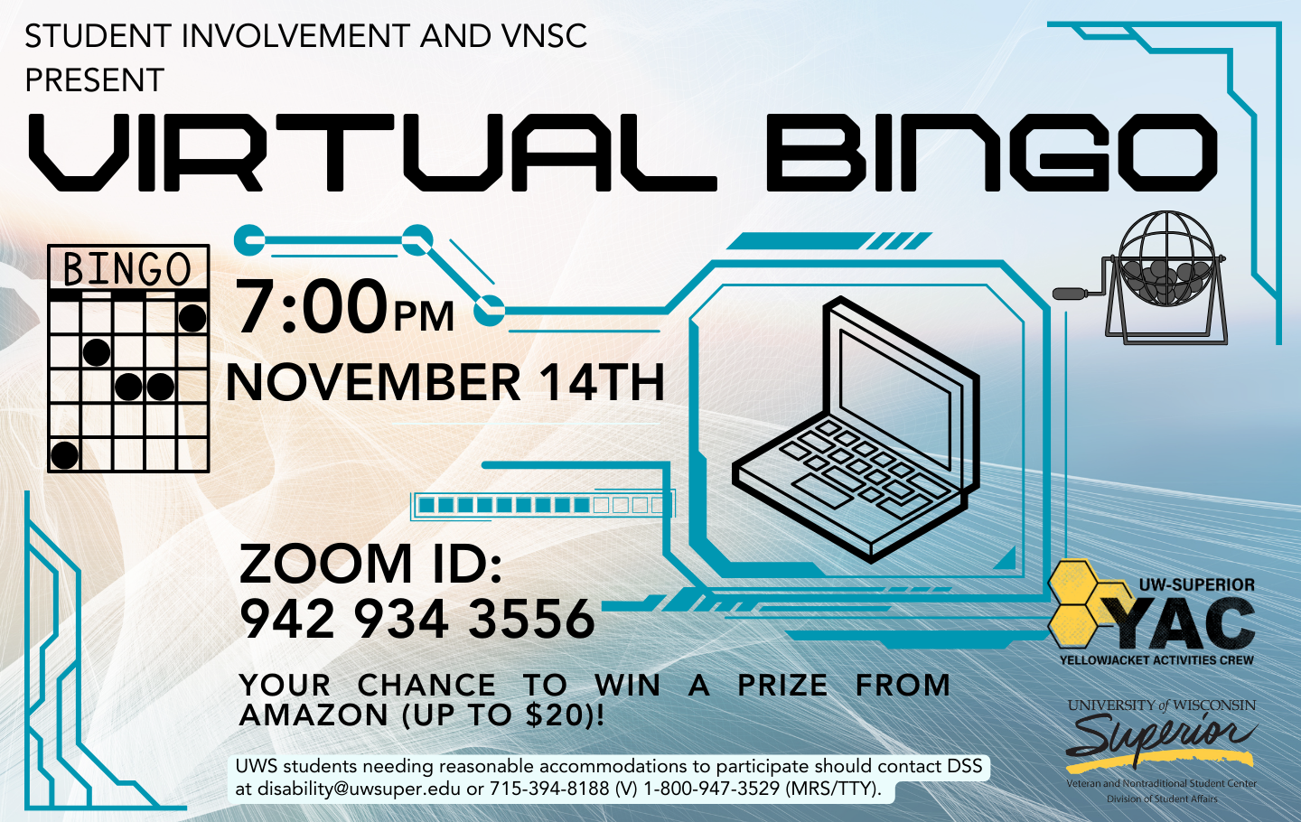 'Virtual Bingo' on November 14th at 7pm by Student Involvement and VNSC