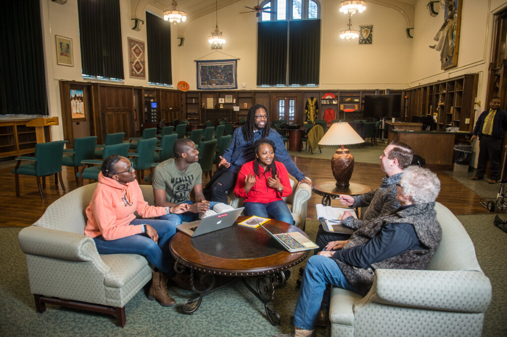 Students socializing in the Pope Wright Center