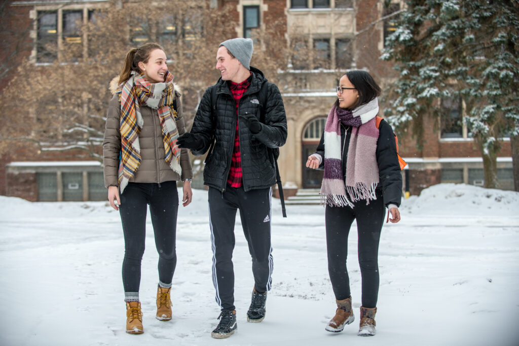 Students walking outside in snow