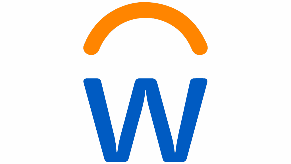 Workday logo featuring a bold blue letter W with an orange curved arch above it on a white background, often seen on campus logins.