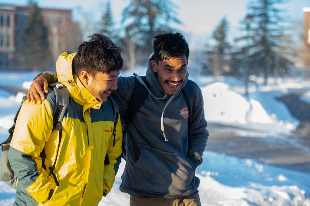 International students walking outside