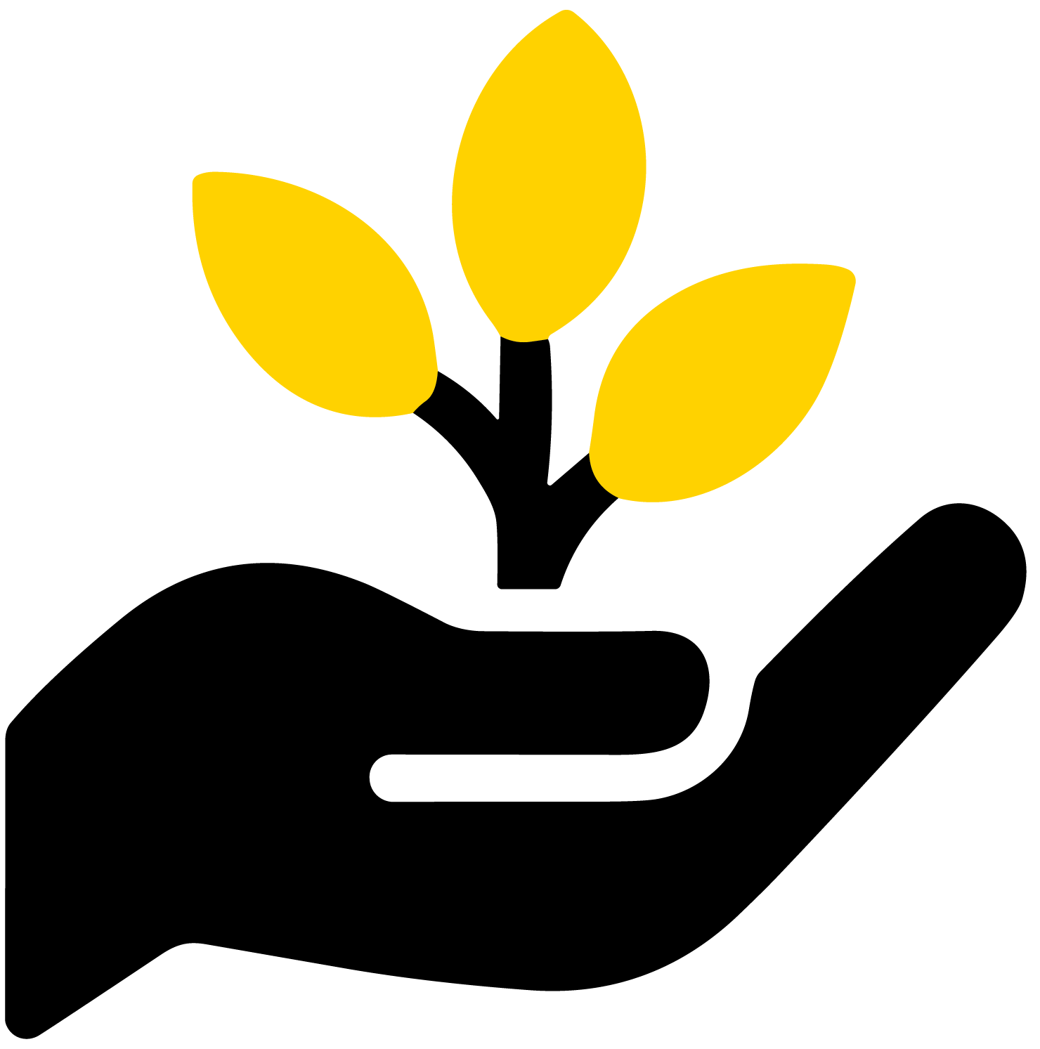 A black hand icon holds a small plant with three yellow leaves, symbolizing growth, care, or environmental protection—perfect for representing the values of the Master of Social Work UW-Superior program.