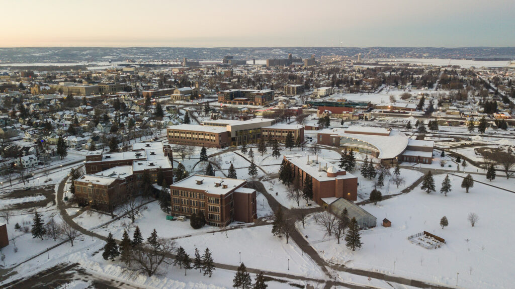 Snowy birds eye view of campus