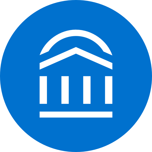 White icon of a classical building with columns and an arched roof, set against a solid blue circular background, representing campus logins.
