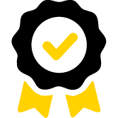 A black award ribbon icon with two yellow streamers at the bottom and a yellow check mark in the center, symbolizing certification or approval.