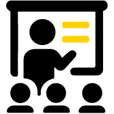 Icon of a person giving a presentation or lesson in front of a board with two yellow lines, facing three audience members.
