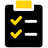Icon of a black clipboard with a yellow tab, featuring two yellow check marks and two horizontal white lines representing a checklist or to-do list.