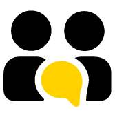Two black silhouetted figures side by side, with a large yellow speech bubble overlapping the bottom center, symbolizing conversation or communication between people.