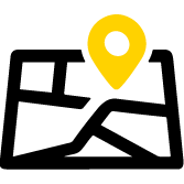 A simple illustration of a map with black lines indicating roads and a large yellow location pin marking a specific spot.