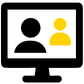 Simple illustration of a computer monitor displaying two user icons, one in black and one in yellow, representing a virtual meeting or online communication.