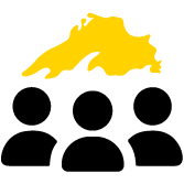 Three black user icons in a row beneath a yellow abstract shape on a light background.