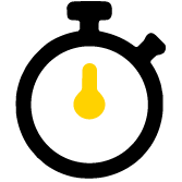 A simple black stopwatch icon with a yellow thermometer symbol in the center, indicating a concept related to time and temperature.
