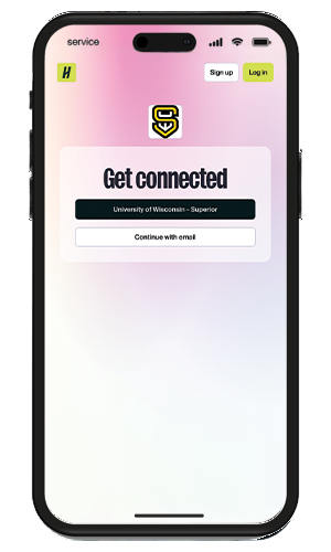 A smartphone screen displays a login page for the University of Wisconsin–Superior with options to sign up, log in, or continue with email. The background fades from pink to white.