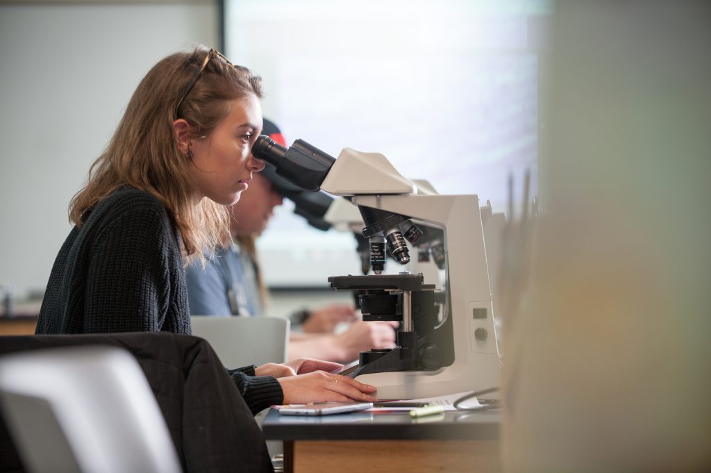 Student looking into microscope