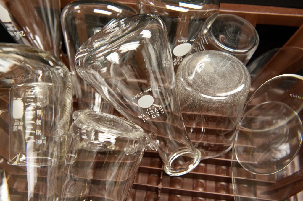 Beakers on drying rack