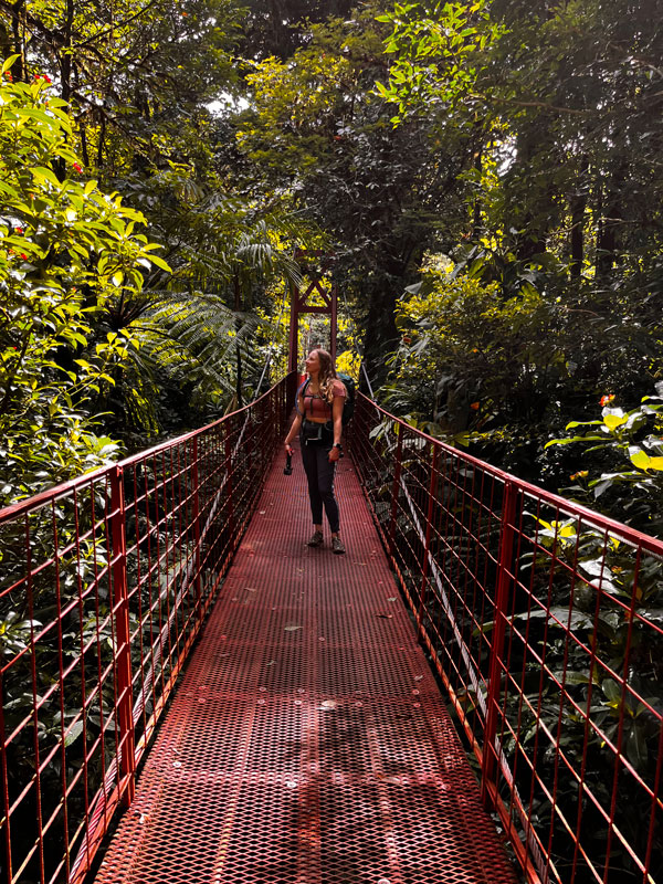 A woman walks on a red metal suspension bridge surrounded by lush green foliage in a dense forest, sunlight filtering through the trees—a perfect scene reminiscent of adventure and discovery while you Study Away at UW-Superior.