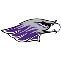 Stylized head of a fierce-looking hawk facing right, with gray, white, and purple colors, outlined in black.