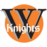 A black letter W with the word Knights in white medieval-style font across it, set against an orange background with a jagged edge on the left side.